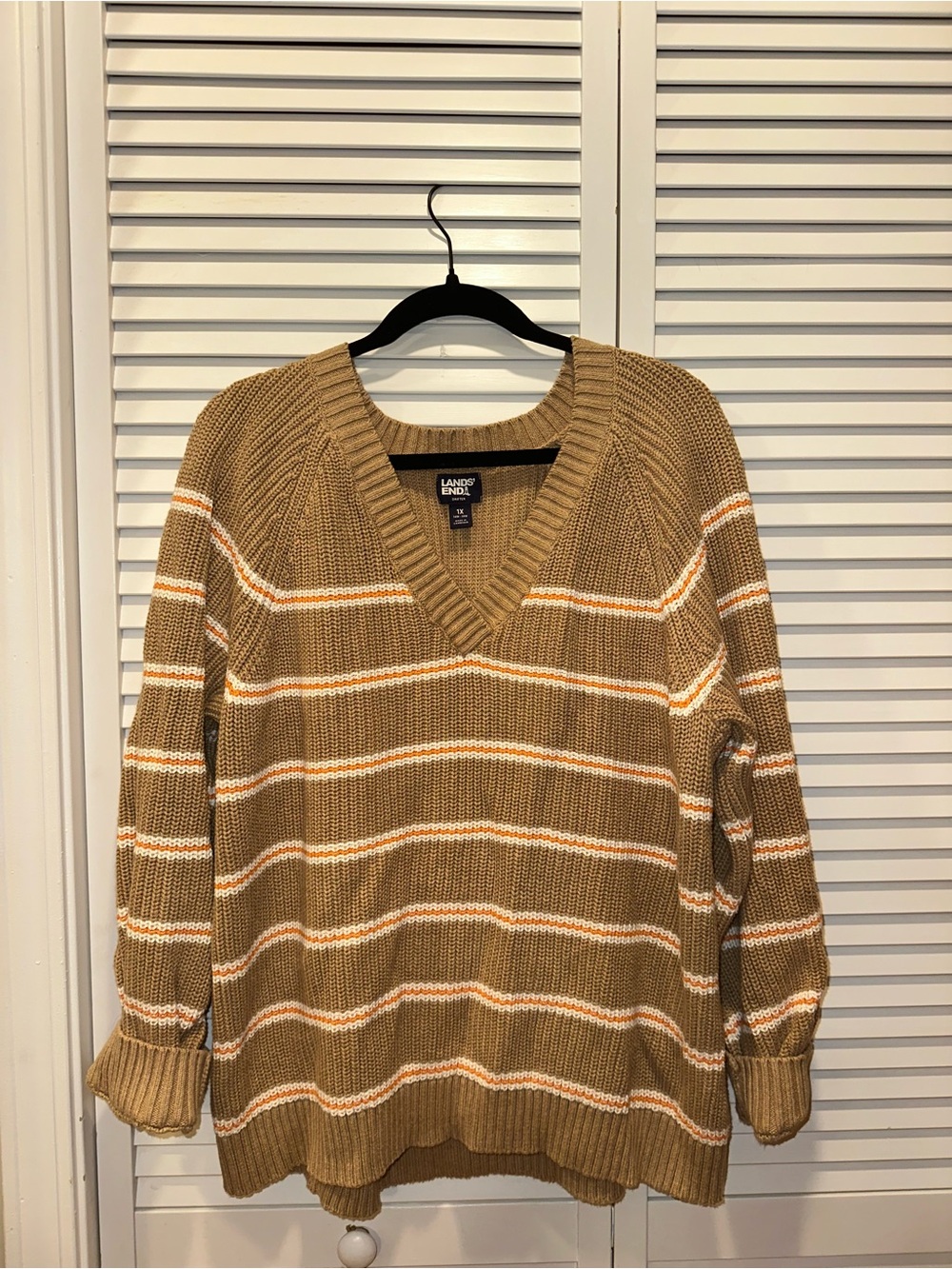 Lands' End Drifter 100% Cotton Tan Striped V-Neck Sweater